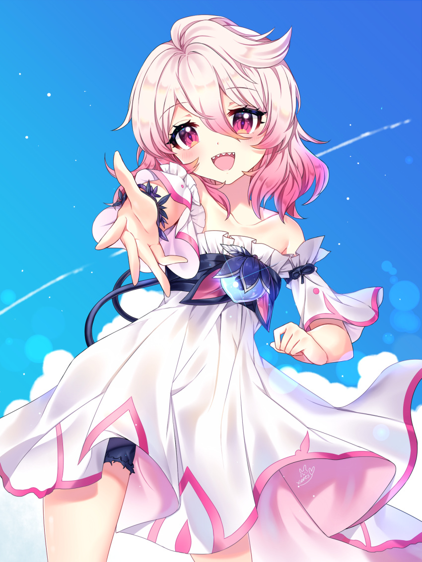 1girl :d bare_shoulders black_dress black_shorts blue_background blush brooch condensation_trail cowboy_shot detached_sleeves dress elsword gradient_hair hair_between_eyes highres jewelry laby_(elsword) looking_at_viewer multicolored_hair open_mouth outstretched_hand pink_eyes pink_hair sharp_teeth short_hair shorts sky smile solo teeth white_hair white_sleeves xes_(xes_5377)