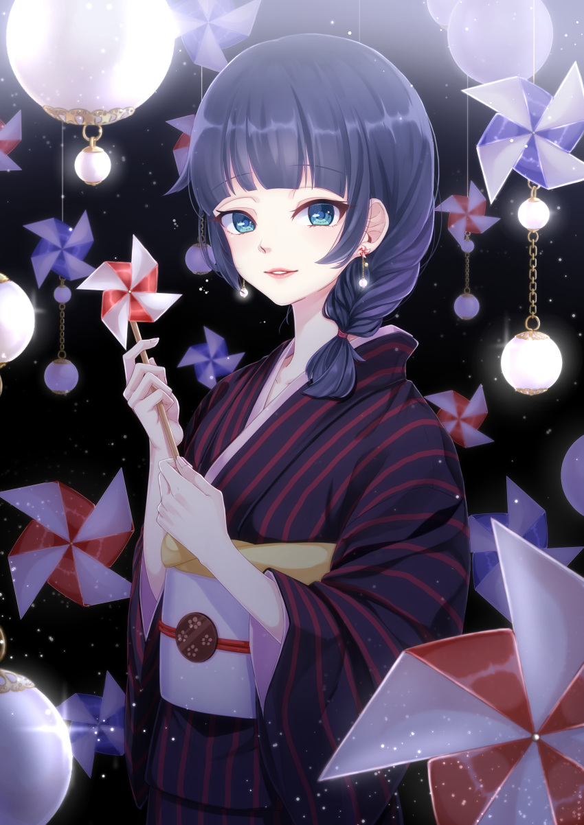 1girl absurdres bangs black_kimono blue_eyes blue_hair commentary_request earrings highres holding_pinwheel japanese_clothes jewelry kimono looking_at_viewer original parted_lips pink_lips pinwheel pinwheel_earrings red_stripes side_ponytail sky solo star_(sky) starry_sky striped striped_kimono upper_body white_sash yato_maru