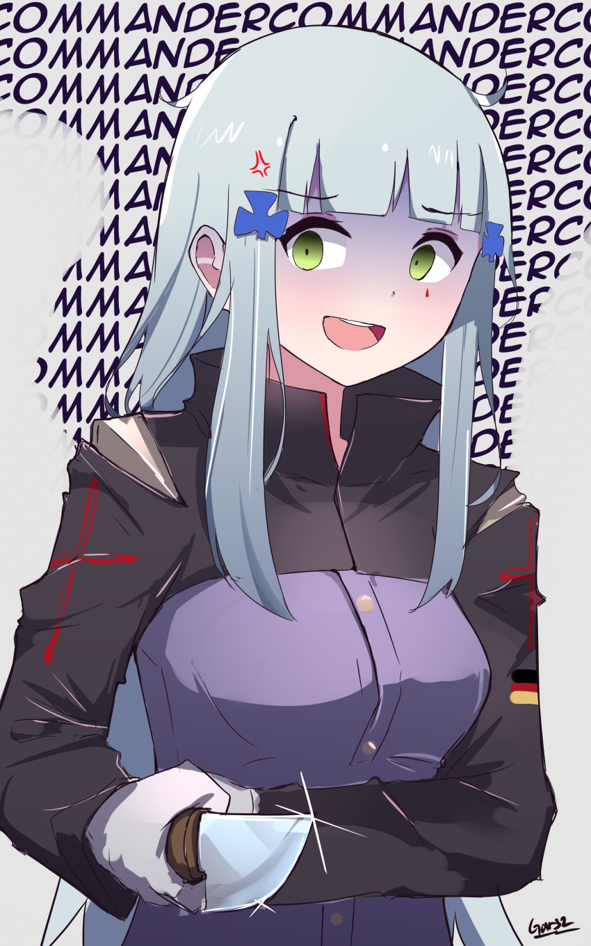 1girl absurdres anger_vein bangs blunt_bangs commentary english_text eyebrows_visible_through_hair facial_tattoo german_flag girls_frontline green_eyes hair_ornament highres hk416_(girls_frontline) holding holding_knife holding_weapon jacket knife long_hair open_mouth shaded_face silver_hair smile solo straight_hair tattoo tegar32 weapon yandere