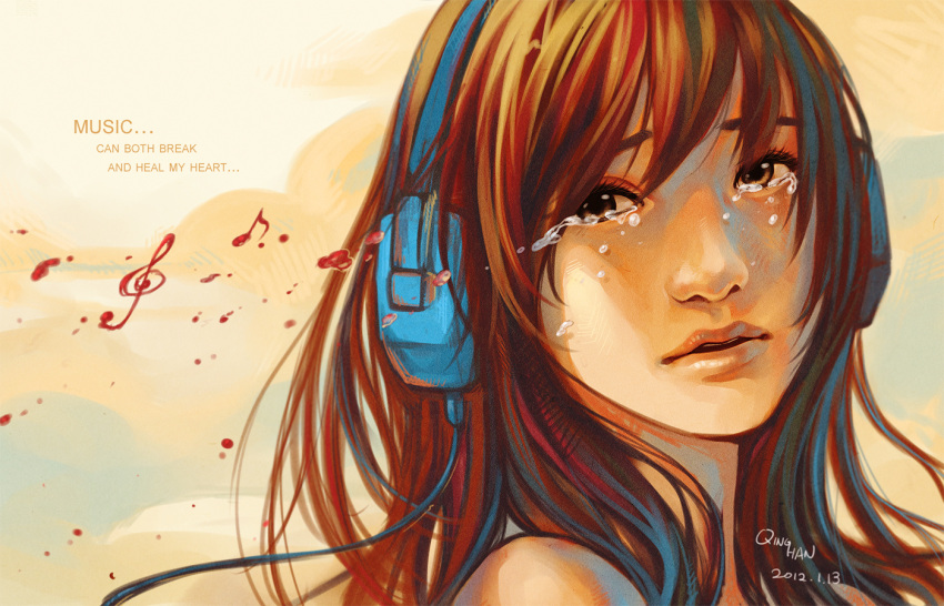 1girl artist_name bangs brown_eyes brown_hair cable crying crying_with_eyes_open dated english_text headphones lips long_hair looking_at_viewer original portrait qinni solo swept_bangs tears