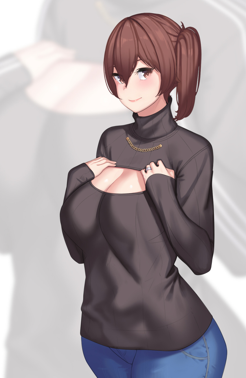 1girl black_sweater blue_pants blush breasts brown_eyes brown_hair cleavage cowboy_shot denim franham hair_between_eyes hands_on_own_chest highres jeans jewelry kaga_(kantai_collection) kantai_collection large_breasts long_hair long_sleeves looking_at_viewer meme_attire open-chest_sweater pants ribbed_sweater ring side_ponytail sleeves_past_wrists smile solo sweater turtleneck turtleneck_sweater wedding_band zoom_layer