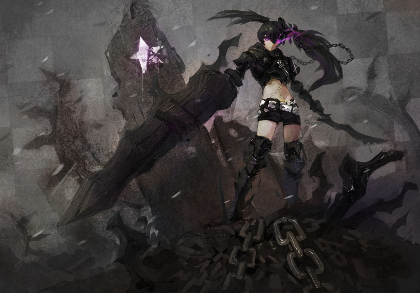 1girl armor belt black_hair black_rock_shooter black_rock_shooter_(character) boots burning_eye chains checkered commentary gauntlets greaves grey_background highres huge_weapon insane_black_rock_shooter long_hair loose_belt navel rock scar shorts solo sword thigh-highs twilight_pharmacist twintails uneven_twintails violet_eyes weapon