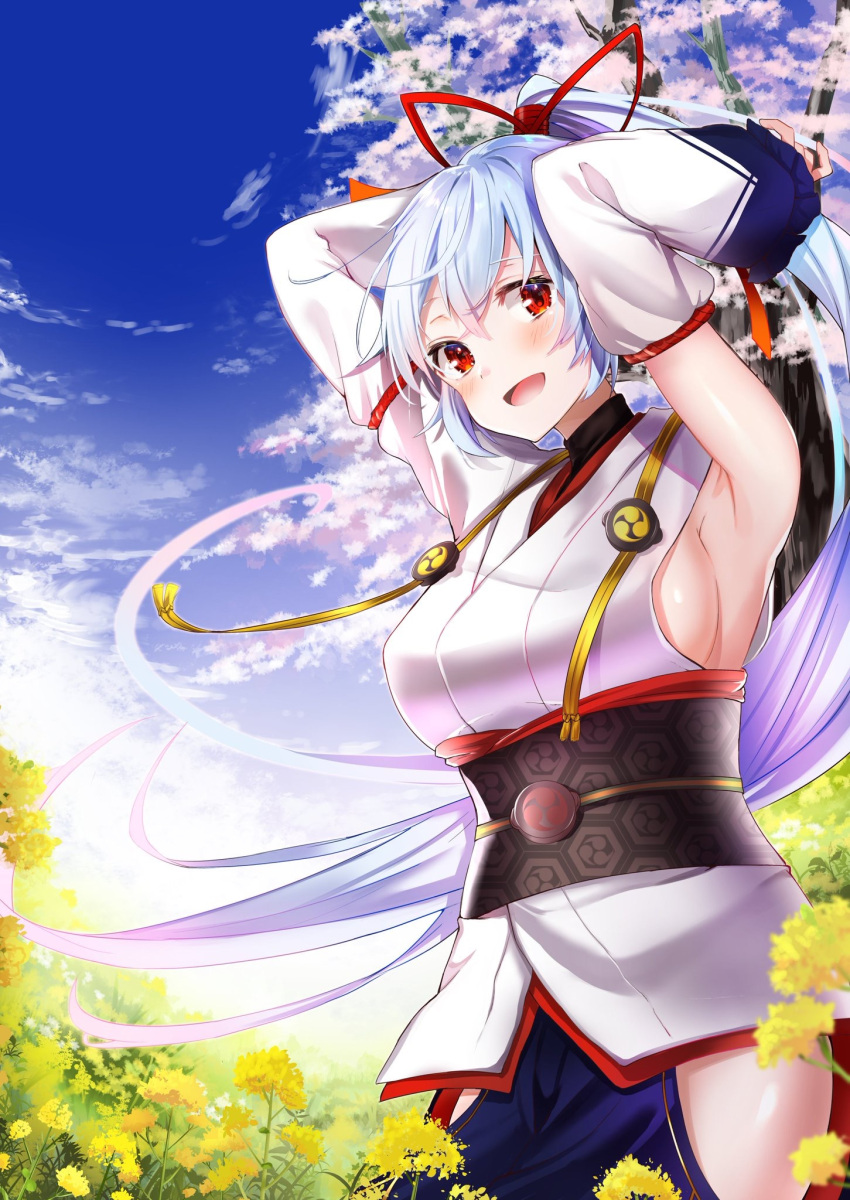 1girl :d armpits arms_up bangs bare_shoulders blue_hakama blue_sky blush breasts clouds cloudy_sky commentary_request cowboy_shot day detached_sleeves fate/grand_order fate_(series) felnemo floating_hair flower frilled_sleeves frills hair_ribbon hakama high_ponytail highres hip_vent japanese_clothes long_hair long_sleeves looking_at_viewer medium_breasts obi open_mouth outdoors red_eyes red_ribbon ribbon sash sideboob sidelocks single_detached_sleeve sky smile solo standing tomoe_gozen_(fate/grand_order) tree very_long_hair white_hair wide_sleeves yellow_flower