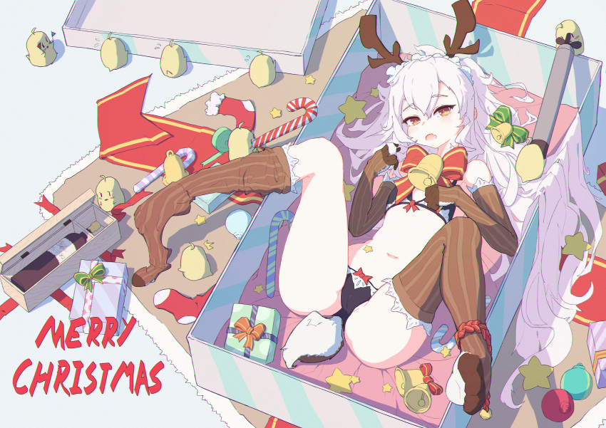 1girl absurdres alternate_costume antlers azur_lane babai_hu bell christmas deer_tail gloves highres laffey_(azur_lane) lingerie merry_christmas red_eyes ribbon silver_hair solo striped striped_gloves striped_legwear tail underwear