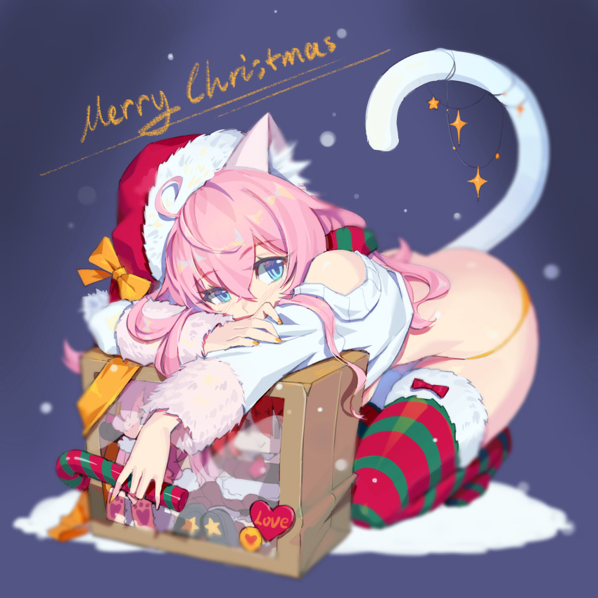 1girl ahoge animal_ear_fluff animal_ears arm_rest ass bangs bare_shoulders bent_over blue_background blue_eyes blurry blush bow box candy candy_cane cat_ears cat_tail christmas crop_top depth_of_field doll eyebrows_visible_through_hair fiodo food full_body fur-trimmed_legwear fur_trim hair_between_eyes hair_ribbon hat heart highres kneeling long_hair long_sleeves looking_at_viewer merry_christmas nail_polish no_shoes off_shoulder original panties pink_hair purple_hair red_hat redhead ribbon santa_hat sleeves_past_wrists solo striped striped_legwear sweater tail thigh-highs thighs underwear white_sweater yellow_bow yellow_nails yellow_panties