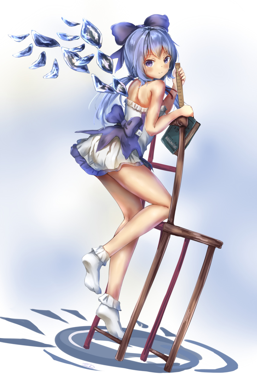 1girl alternate_costume back balancing bangs bare_arms bare_legs bare_shoulders blue_background blue_bow blue_eyes blue_hair blue_wings blush bobby_socks book bow chair cirno dress fii_fii_(feefeeowo) full_body gradient gradient_background hair_bow highres holding holding_book ice ice_wings looking_at_viewer no_shoes ruler short_dress short_hair shoulder_blades sleeveless sleeveless_dress smile socks solo strapless strapless_dress touhou white_dress white_legwear wings