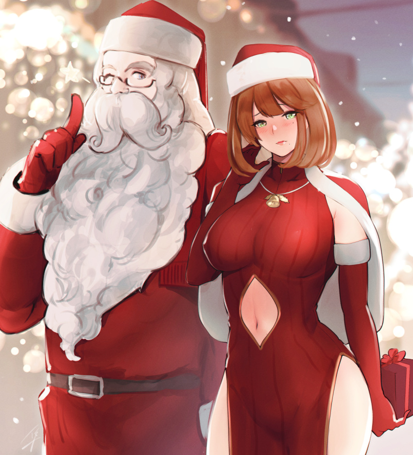 1boy 1girl bangs beard bell belt blush box breasts brown_hair cape dress elbow_gloves erect_nipples facial_hair finger_to_mouth fur_trim gift gift_box gloves green_eyes hat hayabusa highres hips index_finger_raised large_breasts looking_at_viewer mole mole_under_eye mole_under_mouth navel navel_cutout nose_blush one_eye_closed original pelvic_curtain red_cape red_dress red_gloves ribbed_dress santa_claus santa_hat short_hair shushing side_slit sweater sweater_dress white_hair