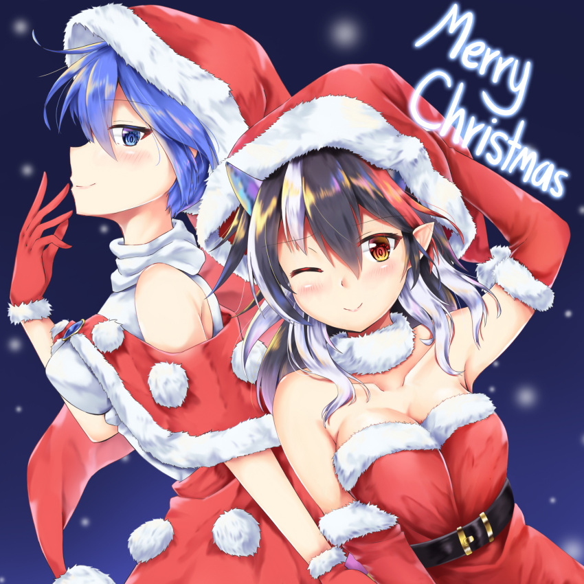 2girls ;) absurdres akiteru98 alternate_costume arm_up armpits bangs bare_shoulders belt black_belt black_hair blue_background blue_eyes blue_hair blush breasts brooch capelet christmas cleavage collarbone commentary_request cowboy_shot doremy_sweet dress elbow_gloves eyebrows_visible_through_hair from_side fur_collar fur_trim gloves gradient gradient_background hair_between_eyes hand_up hat highres horns jewelry kijin_seija long_hair looking_at_viewer medium_breasts merry_christmas multicolored_hair multiple_girls one_eye_closed pointy_ears pom_pom_(clothes) profile red_capelet red_dress red_gloves red_skirt redhead santa_costume santa_hat shirt skirt sleeveless sleeveless_shirt smile strapless strapless_dress streaked_hair touhou white_hair white_shirt