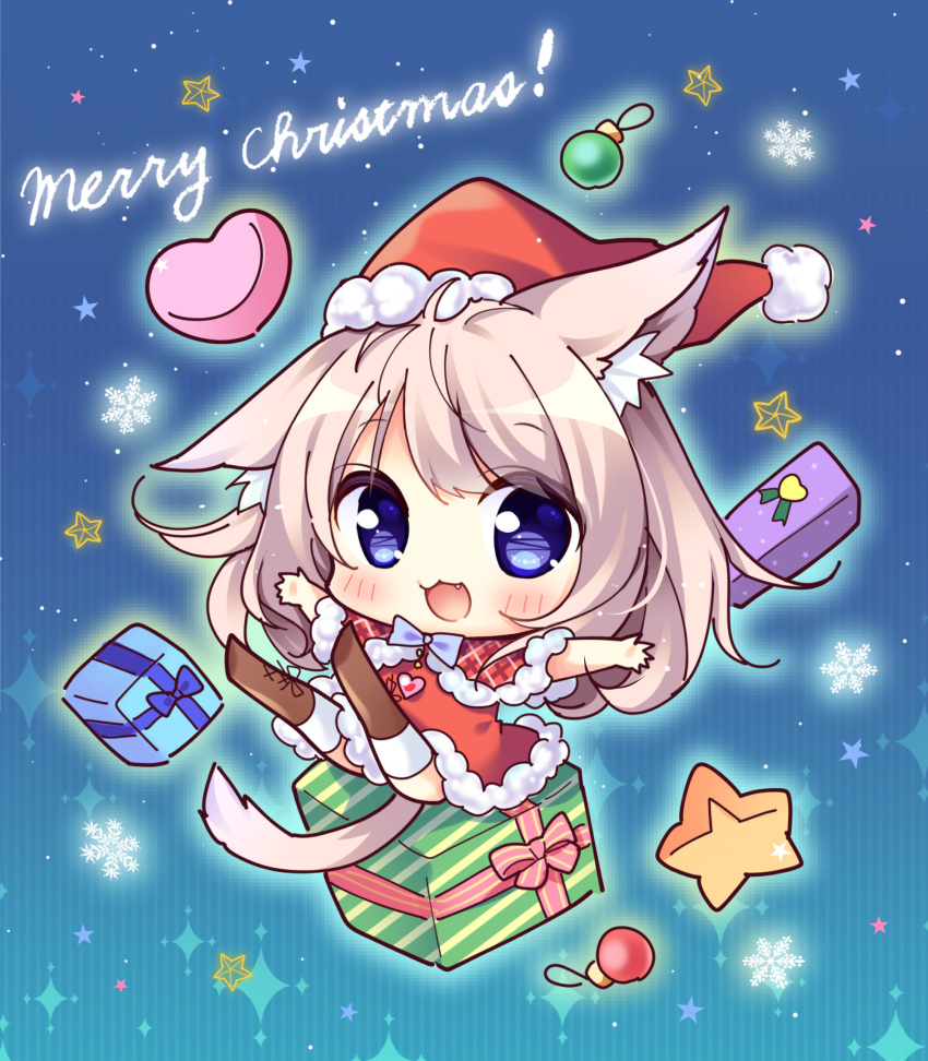1girl :3 :d animal_ear_fluff animal_ears bangs blue_background blue_eyes blush boots box brown_footwear brown_hair capelet chibi christmas christmas_ornaments commentary dress english_commentary eyebrows_visible_through_hair fang fur-trimmed_capelet fur-trimmed_dress fur-trimmed_hat fur_trim gift gift_box hair_between_eyes hat heart highres kinari_momiji knee_boots long_hair looking_at_viewer merry_christmas open_mouth outstretched_arms plaid_capelet red_capelet red_dress red_hat ryuuka_sane santa_hat smile solo spread_arms star striped striped_background tail thigh-highs thighhighs_under_boots vertical-striped_background vertical_stripes white_legwear yorite_konoha_wa_kurenai_ni