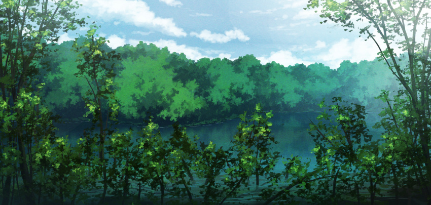 aoha_(twintail) blue_sky clouds cloudy_sky commentary_request day forest lake nature no_humans original outdoors scenery sky tree