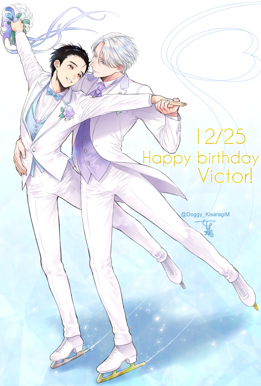 2boys black_hair blue_eyes bouquet bow bowtie brown_eyes dated eye_contact flower formal hair_slicked_back hand_on_another's_hip happy_birthday highres ice_skates jewelry katsuki_yuuri kisaragi_mizu looking_at_another male_focus multiple_boys necktie ring silver_hair skates skating smile suit twitter_username viktor_nikiforov white_suit yuri!!!_on_ice