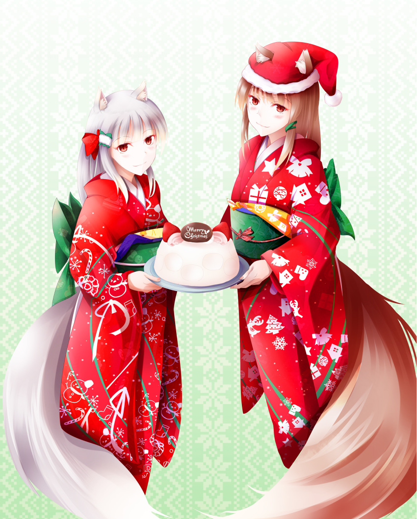 2girls absurdres animal_ears bangs blush bow brown_hair cake christmas christmas_cake commentary_request ears_through_headwear english_text eyebrows_visible_through_hair female food fudo_shin green_bow hair_bow hair_ornament hairclip hat highres holding holding_cake holding_food holding_plate holo japanese_clothes kimono long_hair looking_at_viewer mother_and_daughter multiple_girls myuri_(spice_and_wolf) obi plate print_kimono red_bow red_eyes red_hat red_kimono santa_hat sash shinsetsu_spice_and_wolf silver_hair smile snowflake_print snowman_print spice_and_wolf standing tail text_focus wolf_ears wolf_girl wolf_tail yukata