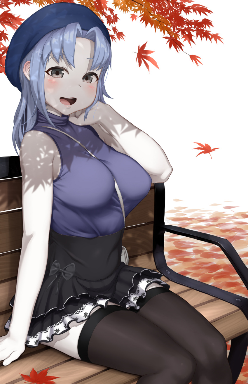 1girl arm_at_side arm_up autumn_leaves bag bare_arms bench between_breasts black_bow black_legwear black_skirt blue_hair blue_hat blush bow breasts commentary_request cookie_(touhou) eyebrows_visible_through_hair flour_(cookie) handbag hat high-waist_skirt highres kumoi_ichirin large_breasts lips long_hair looking_at_viewer miniskirt open_mouth pale_skin park_bench shade silver_hair sinzen sitting skirt smile snowflake_print solo strap_cleavage thigh-highs touhou