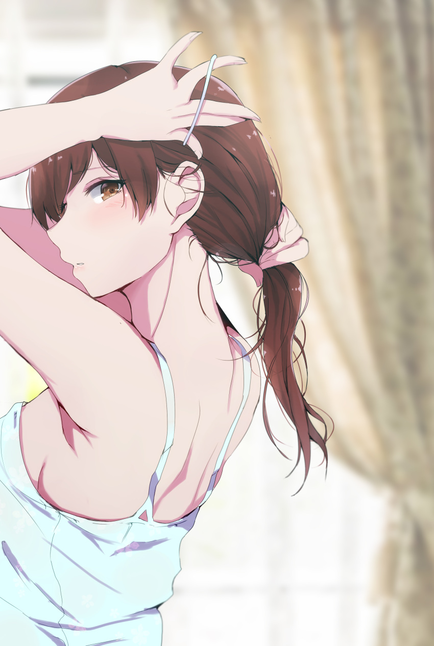 1girl absurdres back bangs bare_shoulders blurry blurry_background blush breasts brown_eyes brown_hair curtains day eyebrows_visible_through_hair from_side hair_between_eyes hair_tie highres holding holding_hair idolmaster idolmaster_cinderella_girls indoors long_hair looking_at_viewer nape nitta_minami parted_lips ryuu. sideboob singlet solo sunlight tying_hair window