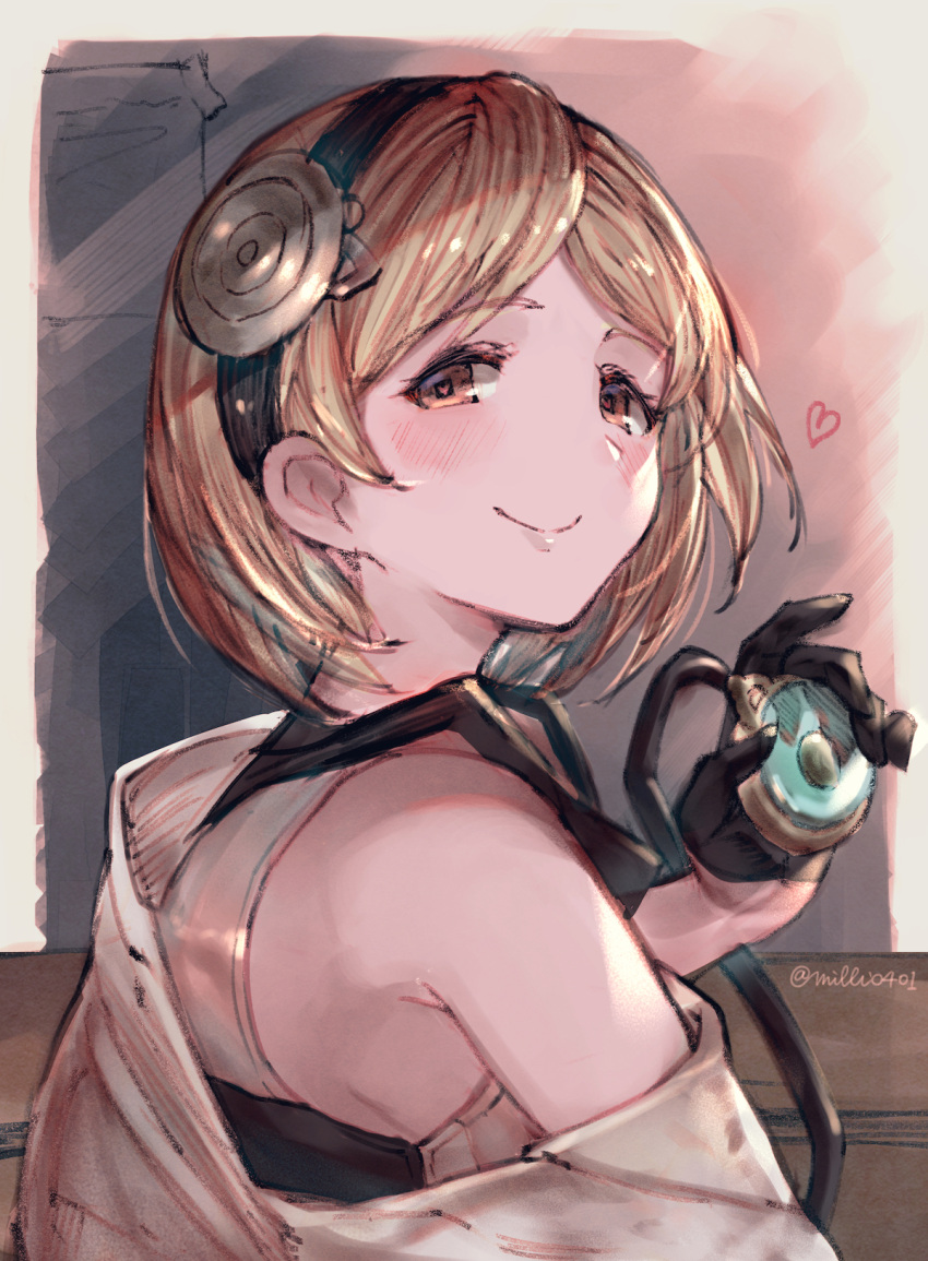 1girl bare_shoulders black_gloves blush brown_eyes closed_mouth commentary djeeta_(granblue_fantasy) doctor_(granblue_fantasy) english_commentary gloves granblue_fantasy half_gloves hand_up head_mirror heart heart-shaped_pupils highres holding light_brown_hair looking_at_viewer looking_to_the_side milli_little shirt sleeveless sleeveless_shirt smile solo stethoscope symbol-shaped_pupils twitter_username upper_body white_shirt