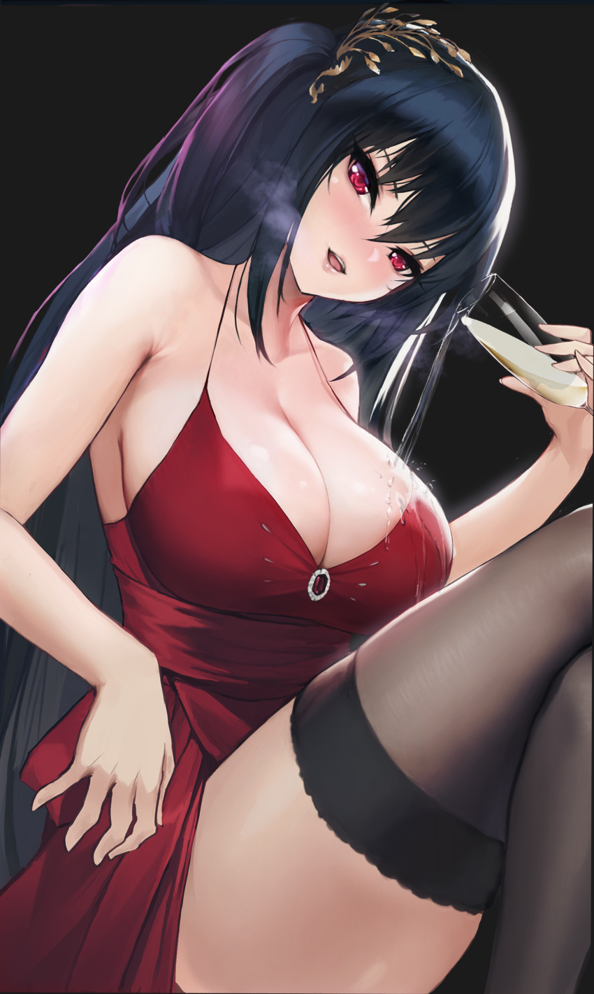 1girl absurdres alcohol azur_lane bare_shoulders black_background black_hair breasts collarbone cup drinking_glass hair_between_eyes halterneck heavy_breathing highres large_breasts legs_crossed long_hair night no_bra oinari_risuru parted_lips pouring red_eyes simple_background smile solo taihou_(azur_lane) thigh-highs wet wet_clothes wine wine_glass