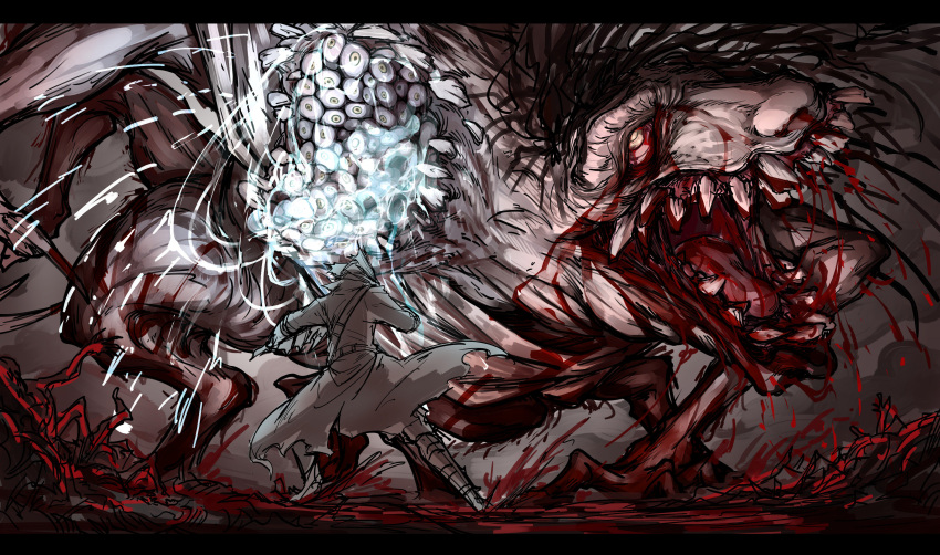 absurdres blood blood_from_mouth bloodborne bloodshot_eyes extra_eyes fangs fighting hat highres horror_(theme) hunter_(bloodborne) kan_(aaaaari35) long_coat ludwig_the_accursed monster saliva tongue