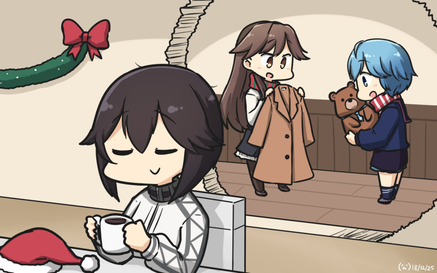 3girls arashio_(kantai_collection) asymmetrical_hair black_hair black_legwear black_shorts blouse blue_blouse blue_eyes blue_hair brown_coat brown_eyes brown_hair closed_eyes coat commentary_request cup dated dress frilled_dress frilled_shorts frills full_body gym_shirt hamu_koutarou hat hat_removed hayasui_(kantai_collection) headwear_removed highres holding_clothes hole jacket kantai_collection kneehighs long_hair long_sleeves minazuki_(kantai_collection) mug multiple_girls pantyhose pinafore_dress pleated_skirt remodel_(kantai_collection) santa_hat scarf school_uniform serafuku shirt short_hair shorts skirt smile striped striped_scarf stuffed_animal stuffed_toy teddy_bear track_jacket upper_body white_jacket white_shirt