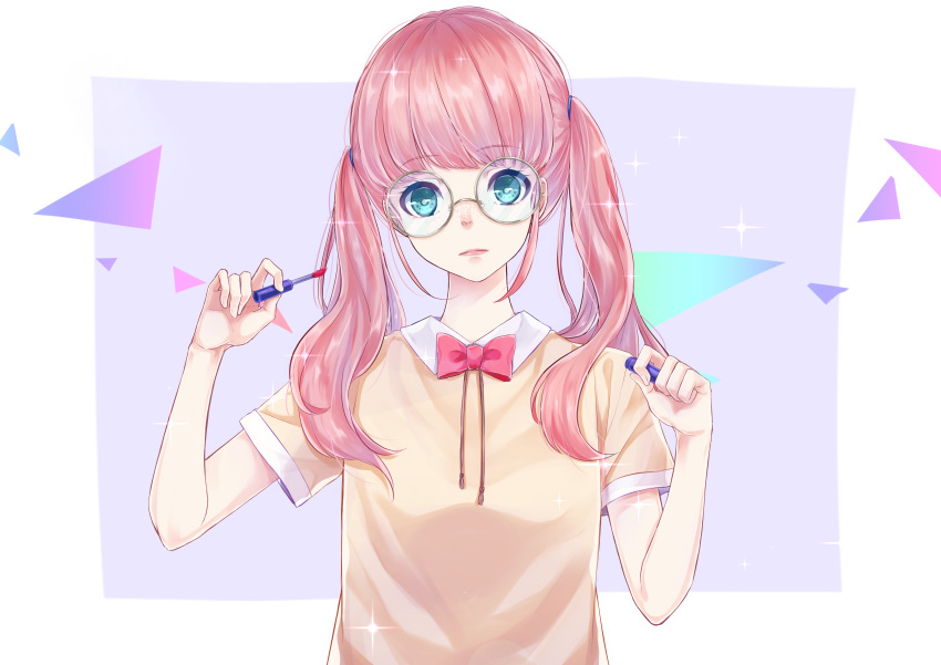 1girl absurdres aqua_eyes arms_up bangs bow bowtie closed_mouth commentary_request freckles glasses head_tilt highres holding looking_at_viewer makeup nail_polish original pink_bow pink_hair pink_neckwear round_eyewear shiny shiny_hair shirt short_sleeves solo sparkle twintails upper_body yato_maru yellow_shirt
