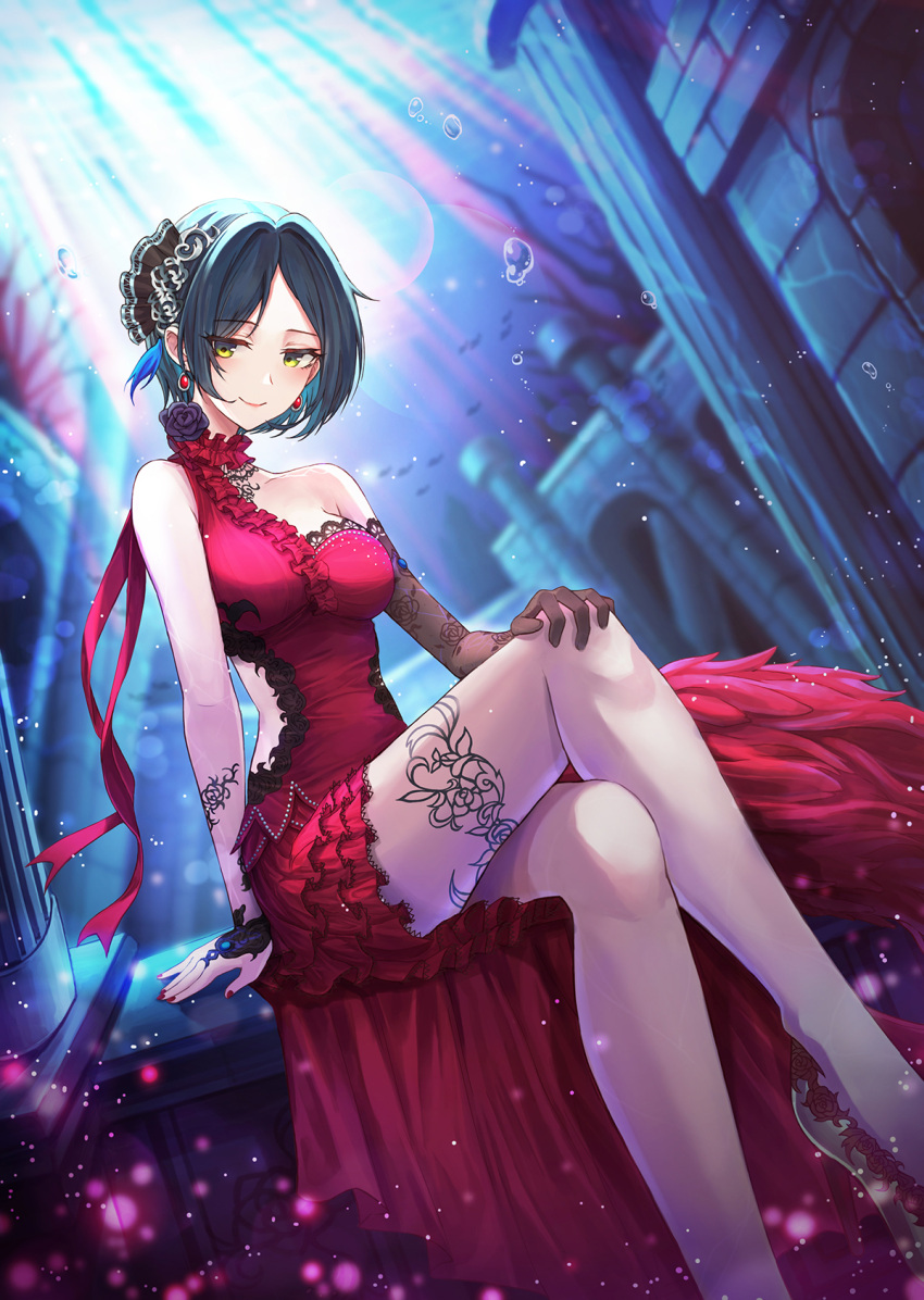 1girl arm_support armlet bangs bare_shoulders black_gloves black_hair blush body_markings breasts bridal_gauntlets bubble cleavage closed_mouth day dress dutch_angle earrings elbow_gloves gloves hair_ornament hand_on_own_knee hayami_kanade high_heels highres idolmaster idolmaster_cinderella_girls idolmaster_cinderella_girls_starlight_stage jewelry large_breasts legs_crossed light light_particles light_rays looking_at_viewer nail_polish neck_ribbon parted_bangs ran9u red_dress red_nails red_ribbon ribbon short_hair side_cutout sidelocks single_elbow_glove single_strap sitting smile solo sunlight underwater yellow_eyes