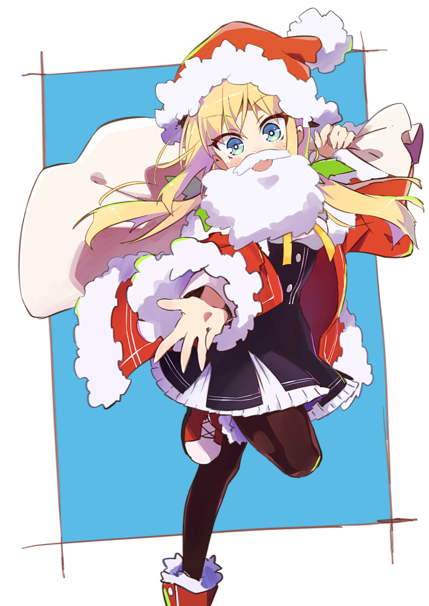 1girl :d absurdres amaryllis_class bangs black_skirt blonde_hair blue_background blue_eyes blush_stickers breasts brown_legwear collared_shirt eyebrows_visible_through_hair fake_beard fake_facial_hair fake_mustache fang fingernails frilled_skirt frills fur-trimmed_boots fur-trimmed_hat fur-trimmed_jacket fur-trimmed_sleeves fur_trim hair_between_eyes hair_ornament hat head_tilt high-waist_skirt highres holding holding_sack jacket kotohara_hinari long_hair long_sleeves low_twintails off_shoulder open_mouth outstretched_arm pantyhose pleated_skirt red_footwear red_hat red_jacket sack santa_hat shirt skirt small_breasts smile solo standing standing_on_one_leg tama_(tama-s) twintails two-tone_background v-shaped_eyebrows virtual_youtuber white_background white_shirt