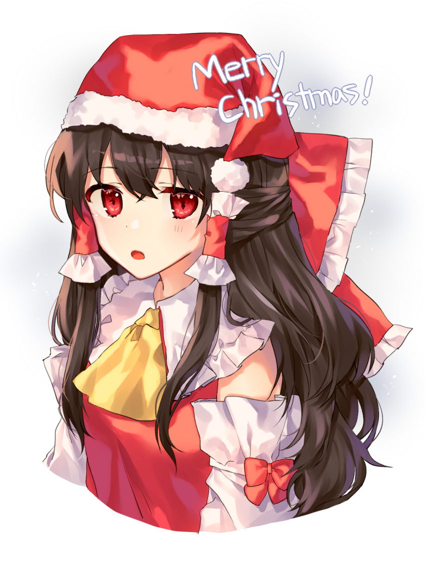 1girl :o arms_at_sides ascot bangs bare_shoulders black_hair blush bow cheunes cropped_torso detached_sleeves frilled_bow frilled_shirt_collar frilled_sleeves frills fur_trim hair_bow hair_tubes hakurei_reimu half_updo hat highres long_hair looking_at_viewer merry_christmas open_mouth red_bow red_eyes red_hat red_shirt santa_hat shirt sidelocks solo touhou white_background yellow_neckwear