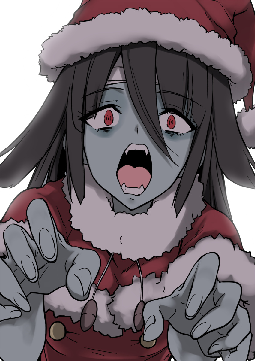 bandage black_hair blue_skin fangs hair_between_eyes hat highres long_hair open_mouth outstretched_arms reaching_out red_eyes santa_costume santa_hat very_long_hair yamada_tae yuto_(dialique) zombie zombie_land_saga zombie_pose