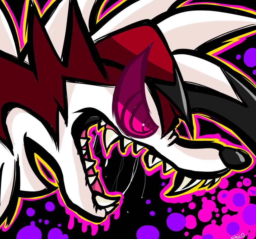 chico_(tomoko26) creatures_(company) eyes_visible_through_hair fangs furry game_freak gen_7_pokemon highres lycanroc nintendo open_mouth pokemon red_eyes red_fur wolf