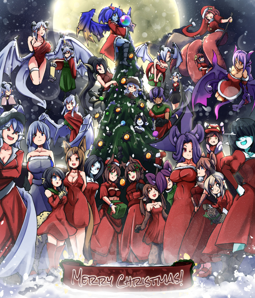 6+girls :d absurdres animal_ears annotation_request baphomet_(monster_girl_encyclopedia) black_hair blue_eyes blue_hair blue_skin borrowed_character box breasts broom broom_riding brown_hair christmas christmas_tree cleavage commentary cyclops dark_skin dellu_(geenymous) demon_girl demon_horns demon_wings dormouse_(monster_girl_encyclopedia) dragon_girl dragon_horns dragon_wings dress english_commentary eyes_visible_through_hair flying full_moon gazer_(monster_girl_encyclopedia) gift gift_box green_eyes hair_over_eyes hair_over_one_eye hat heterochromia highres horns ignitrix jabberwock_(monster_girl_encyclopedia) khornette_quest lamia large_breasts large_mouse_(monster_girl_encyclopedia) lilim_(monster_girl_encyclopedia) long_hair looking_at_another looking_at_viewer looking_away mari_(maritan) merry_christmas miia_(monster_musume) monster_girl monster_girl_encyclopedia monster_musume_no_iru_nichijou moon mouse_ears multiple_girls nanostar nellu_(geenymous) night one-eyed open_mouth original paws pointy_ears ponytail purple_hair red_dress red_eyes redhead runa santa_hat short_hair silver_hair skateboard smile smug snowing twintails vellu_(geenymous) violet_eyes white_hair white_skin wings yellow_eyes