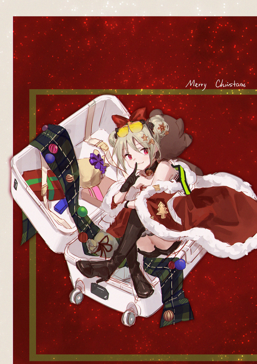 1girl :3 ass bangs bare_shoulders black_choker black_footwear black_gloves black_shorts boots bow box cape choker closed_mouth collarbone double_bun eyewear_on_head finger_to_mouth full_body fur-trimmed_cape fur_trim gift gift_box girls_frontline gloves green_scarf hair_bow hair_ornament hairclip hand_up high_heel_boots high_heels highres index_finger_raised knees_up looking_at_viewer luggage merry_christmas off_shoulder p90_(girls_frontline) plaid plaid_scarf purple_ribbon red_background red_bow red_cape red_eyes ribbon scarf scarf_removed short_shorts shorts sidelocks silver_hair sitting sketch sleeveless smile smile_(mm-l) solo star star_hair_ornament sunglasses thigh-highs thigh_boots