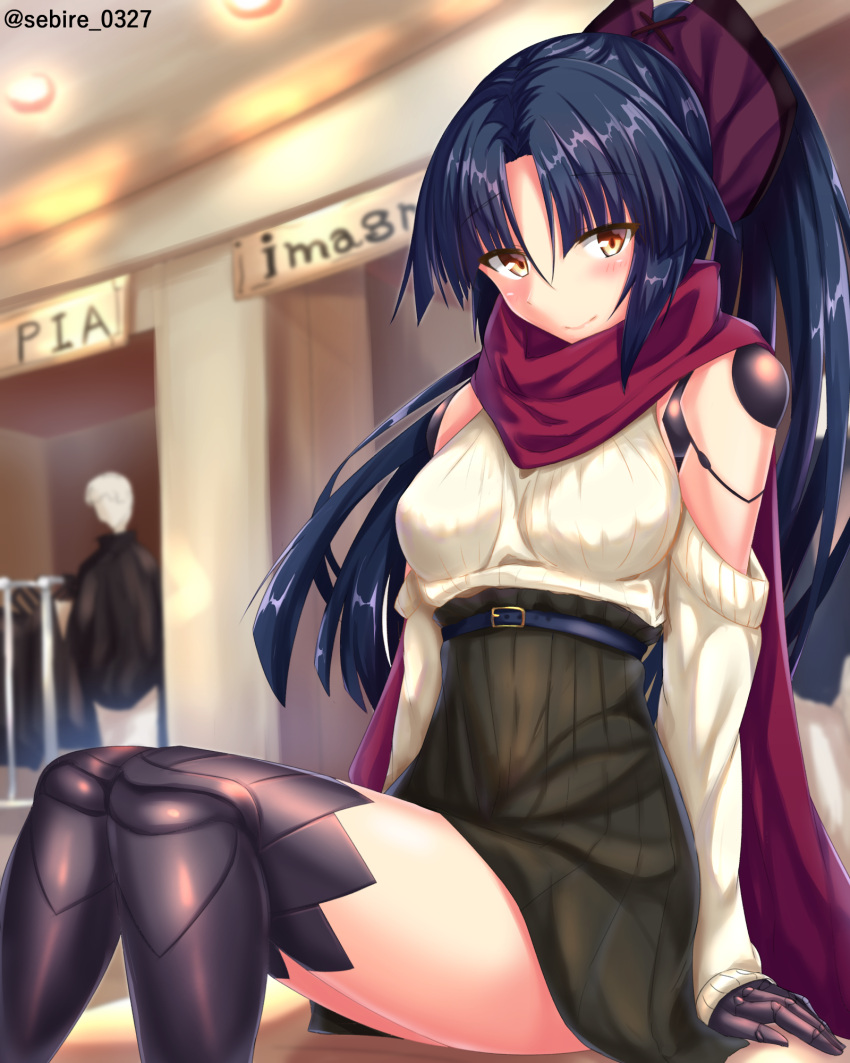 1girl black_hair black_skirt blush breasts brown_eyes commentary_request detached_sleeves fate/grand_order fate_(series) hair_ribbon highres katou_danzou_(fate/grand_order) long_hair looking_at_viewer medium_breasts ponytail purple_ribbon purple_scarf ribbed_skirt ribbed_sweater ribbon robot_joints scarf sebire sitting skirt smile solo sweater twitter_username