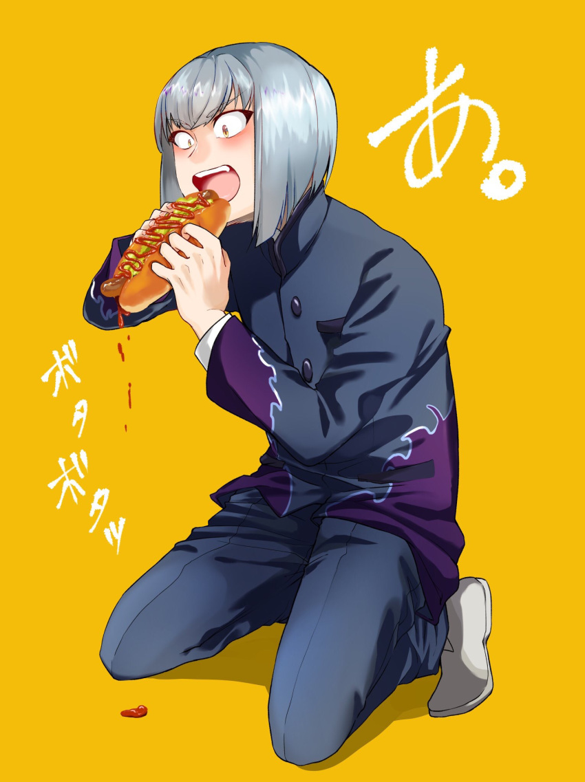 1boy anti_(ssss.gridman) bob_cut eating flame_print gakuran highres hot_dog ketchup kneeling male_focus open_mouth sakura_iti school_uniform silver_hair simple_background solo ssss.gridman yellow_background yellow_eyes