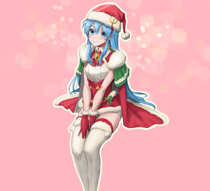 1girl aqua_hair athenawyrm blue_eyes blue_hair blush cape christmas cute dress eirika fire_emblem fire_emblem:_seima_no_kouseki fire_emblem_heroes gloves hat intelligent_systems long_hair looking_at_viewer nintendo santa_costume skirt smile solo thigh-highs zettai_ryouiki