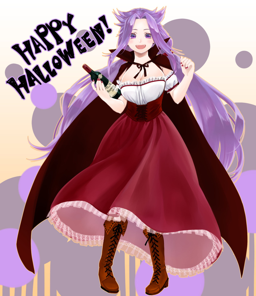 1girl :d bangs boots bottle breasts brown_footwear cape cleavage commentary_request cross-laced_footwear detached_sleeves dress fangs halloween happy_halloween highres holding holding_bottle jun'you_(kantai_collection) kantai_collection lace-up_boots large_breasts long_dress long_hair long_skirt nail_polish open_mouth parted_bangs polka_dot polka_dot_background purple_hair red_cape red_nails red_skirt shirt short_sleeves skirt smile solo spiky_hair strapless_shirt uka_(kikarosso25) vampire_costume violet_eyes white_shirt white_sleeves wine_bottle