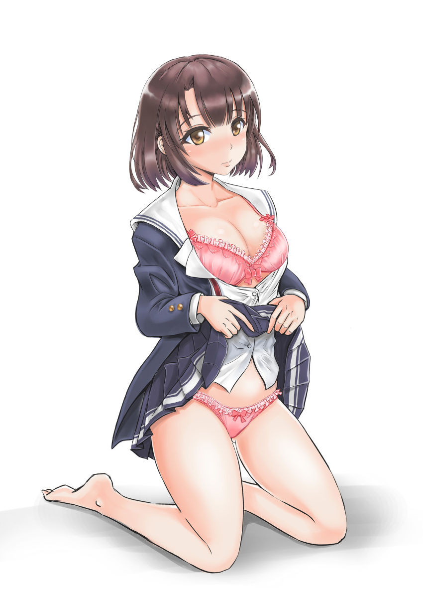 1girl absurdres ass_visible_through_thighs bangs barefoot blue_jacket blue_skirt bow bow_bra bow_panties bra breasts brown_eyes brown_hair cleavage closed_mouth collarbone commentary double_horizontal_stripe eyebrows_visible_through_hair frilled_bra frilled_panties frills full_body highres jacket katou_megumi kneeling legs lifted_by_self light_frown lips long_sleeves looking_at_viewer medium_breasts miniskirt neck_ribbon obvious_statement open_clothes open_jacket open_shirt panties pink_bra pink_panties pleated_skirt print_skirt ribbon saenai_heroine_no_sodatekata school_uniform serafuku shadow shinshuku_saegi shirt short_hair simple_background skirt skirt_lift solo underwear white_background white_shirt
