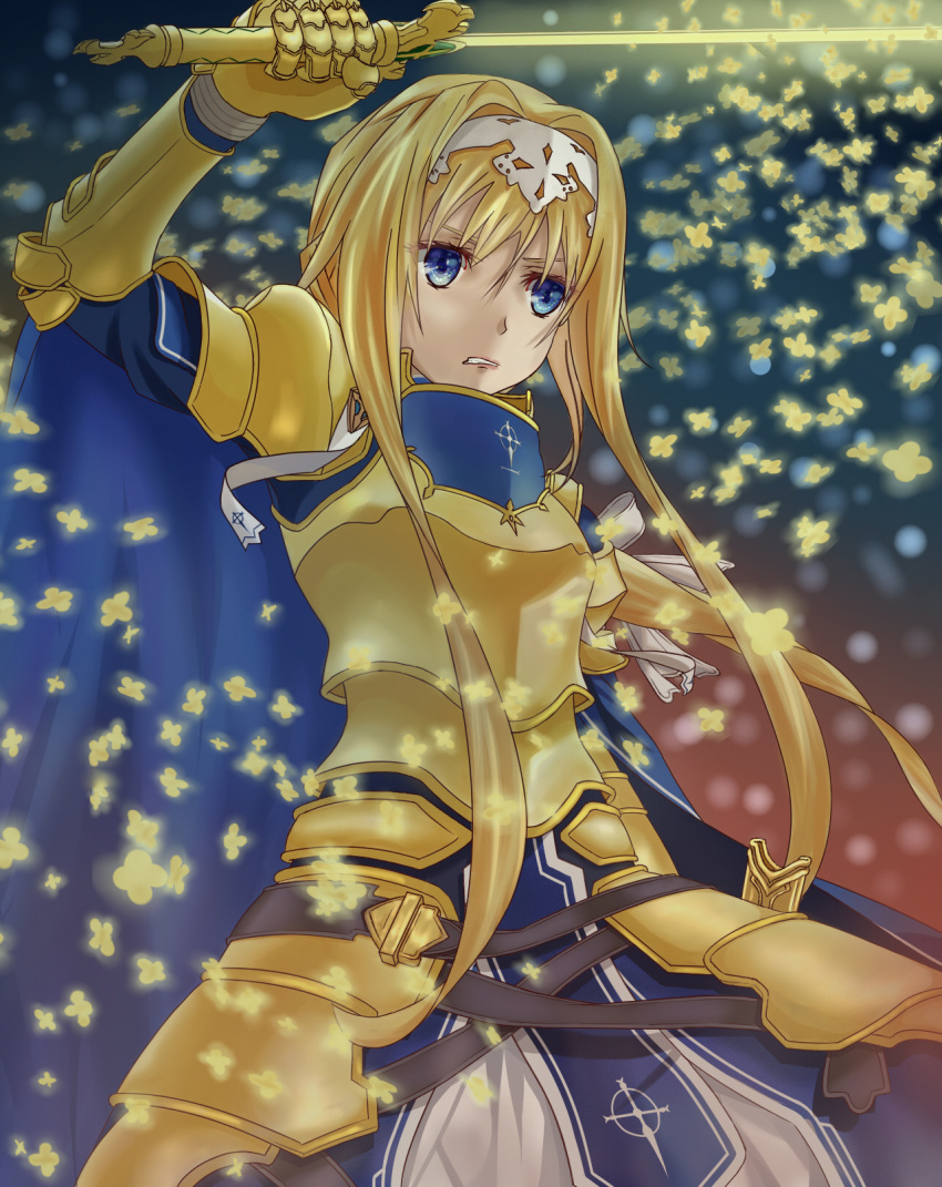 1girl alice_schuberg angel's_trumpet_(artist) arm_up armor armored_dress blonde_hair blue_cape blue_eyes cape clenched_teeth faulds floating_hair hairband highres holding holding_sword holding_weapon long_hair solo standing sword sword_art_online teeth very_long_hair weapon white_hairband