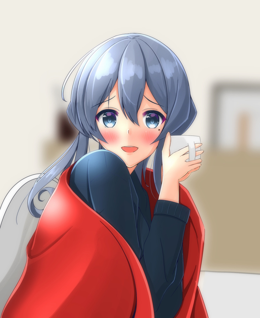 1girl :d blanket blue_eyes blue_hair blue_sweater blush chair commentary_request cup gotland_(kantai_collection) highres holding holding_cup kantai_collection long_hair looking_at_viewer looking_to_the_side mole mole_under_eye open_mouth sitting smile solo sweater toyomi_13