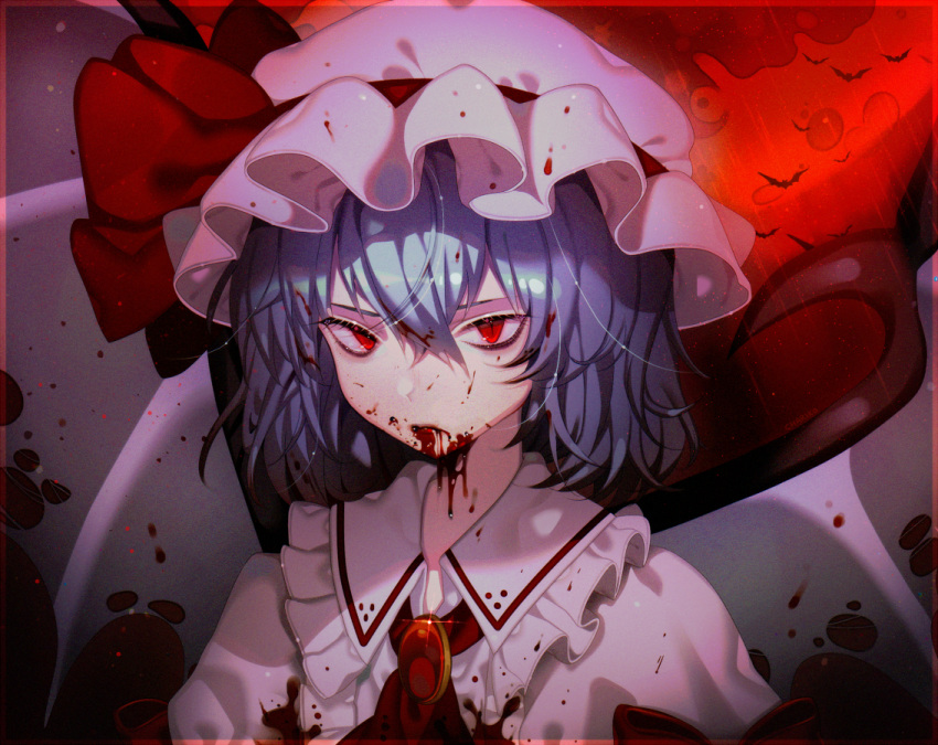 1girl animal ascot bat blood blood_from_mouth bloody_clothes blue_hair brooch chariko commentary english_commentary full_moon hair_between_eyes hat hat_ribbon jewelry mob_cap moon pink_hat pink_shirt pink_wings red_eyes red_moon red_neckwear red_ribbon remilia_scarlet ribbon shirt short_hair slit_pupils solo touhou upper_body wings