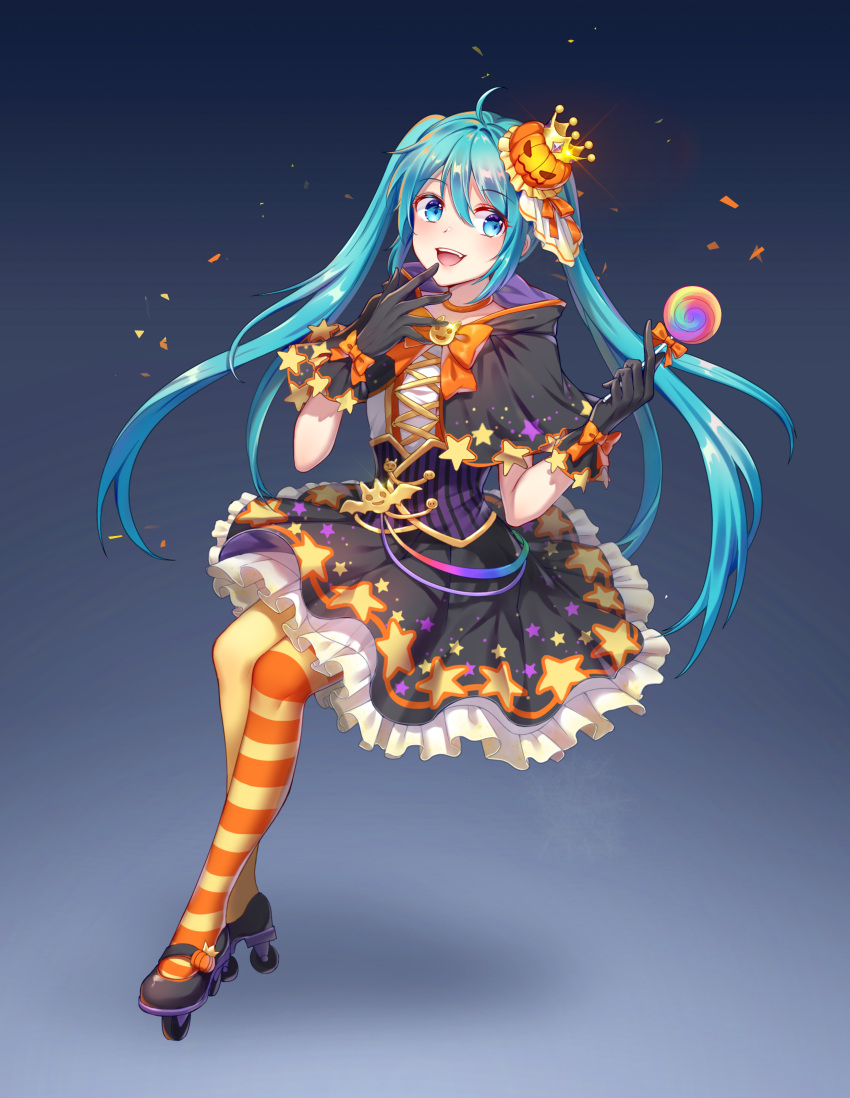 1girl absurdres asymmetrical_legwear black_capelet black_gloves black_skirt blue_eyes blue_hair bow capelet corset eyebrows_visible_through_hair floating_hair food_themed_hair_ornament full_body gloves gradient gradient_background hair_between_eyes hair_ornament halloween halloween_costume hatsune_miku highres hiroshi_taeru_qwq holding_bow layered_skirt long_hair looking_to_the_side medium_skirt orange_bow orange_neckwear pantyhose pumpkin_hair_ornament shiny shiny_hair skirt solo star striped striped_legwear twintails very_long_hair vocaloid yellow_legwear