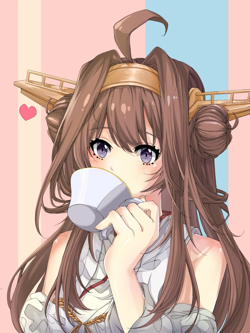 1girl ahoge blush brown_hair commentary_request cup detached_sleeves double_bun drinking eyelashes hairband highres holding holding_cup kantai_collection kongou_(kantai_collection) long_hair nyankomaou remodel_(kantai_collection) solo striped striped_background teacup upper_body violet_eyes