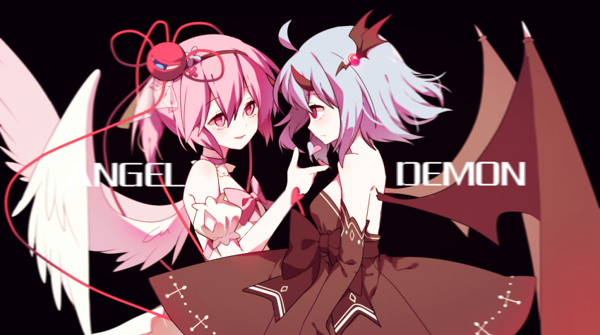 2girls ahoge alternate_costume alternate_hairstyle angel_wings arm_cuffs bare_shoulders bat_wings black_background black_bow black_dress black_gloves blue_hair bow commentary dress elbow_gloves english_text eyeball feathered_wings focused from_side gem gla gloves hair_between_eyes hair_ornament heart horns komeiji_satori looking_at_another multiple_girls open_mouth pink_bow pink_hair profile remilia_scarlet short_hair third_eye touhou white_wings wings yuri