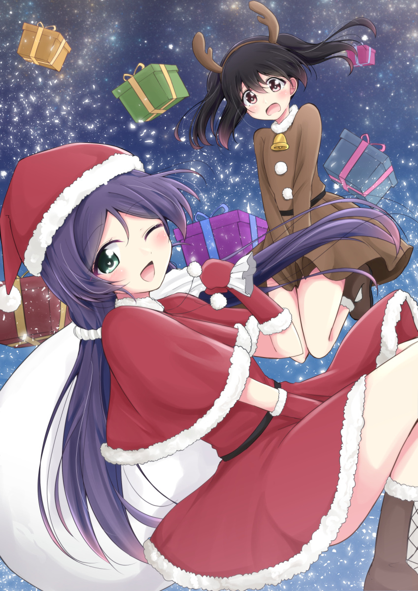 2girls ;d antlers bangs black_hair boots box brown_dress brown_footwear capelet chiro_(bocchiropafe) christmas dress dress_tug elbow_gloves fake_antlers fur-trimmed_boots fur-trimmed_capelet fur-trimmed_dress fur-trimmed_gloves fur-trimmed_hat fur_trim gift gift_box gloves green_eyes hair_ornament hair_scrunchie hat highres jumping long_hair looking_at_viewer love_live! love_live!_school_idol_project multiple_girls neck_bell night night_sky one_eye_closed open_mouth over_shoulder red_capelet red_dress red_eyes red_gloves red_hat reindeer_antlers sack santa_costume santa_hat scrunchie sky smile toujou_nozomi twintails white_scrunchie yazawa_nico