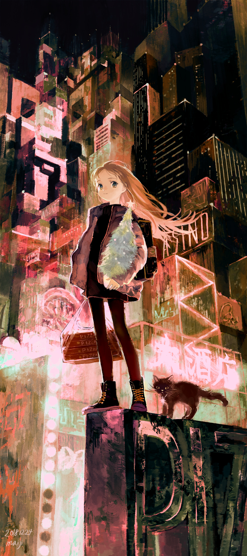 1girl absurdres artist_name backpack bag bangs black_cat black_dress black_footwear black_legwear blonde_hair blue_eyes building cat christmas christmas_tree city coat commentary_request dated dress from_below gradient_eyes grey_eyes highres holding holding_bag long_hair looking_at_viewer maij multicolored multicolored_eyes night night_sky open_clothes open_coat original outdoors parted_bangs pizza_box plastic_bag shoes silver_coat sky skyscraper smile sneakers solo standing star turtleneck turtleneck_dress winter_clothes winter_coat yellow_eyes
