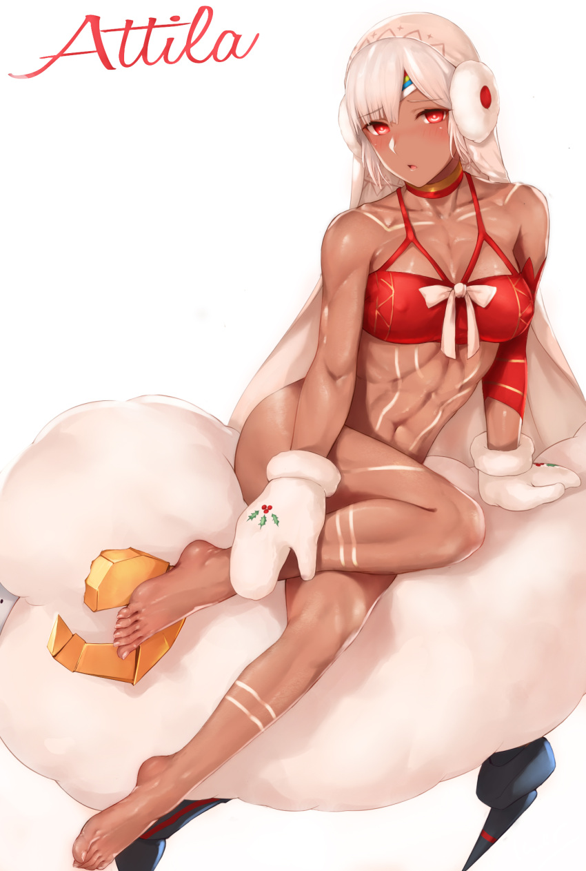 1girl altera_(fate) altera_the_santa bangs bare_legs bare_shoulders barefoot blush breasts chinese_commentary choker christmas collarbone commentary_request dark_skin detached_sleeves earmuffs erect_nipples eyebrows_visible_through_hair fate/grand_order fate_(series) feet highres looking_at_viewer medium_breasts merry_christmas mittens muscle navel no_panties parted_lips red_eyes rosaline sheep shiny shiny_skin short_hair signature sitting solo tattoo toes veil white_hair