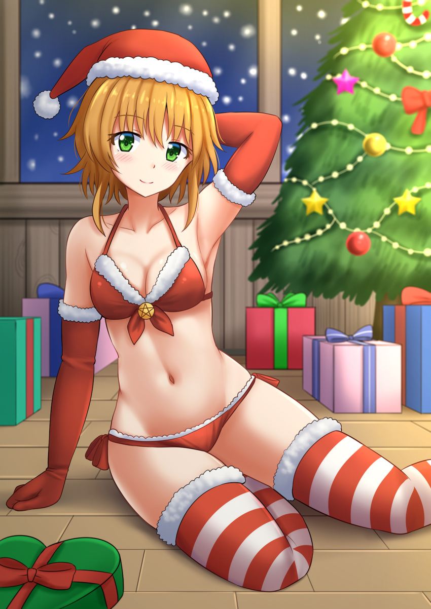 1girl arm_behind_head arm_support arm_up armpits bangs bare_shoulders bikini blush box breasts card_captor_sakura christmas christmas_ornaments christmas_tree cleavage closed_mouth collarbone commentary commission elbow_gloves english_commentary eyebrows_visible_through_hair fur-trimmed_bikini fur-trimmed_gloves fur-trimmed_hat fur-trimmed_legwear fur_trim gift gift_box gloves green_eyes hair_between_eyes hat heart-shaped_box highres indoors kazenokaze kinomoto_sakura light_brown_hair medium_breasts navel night night_sky red_bikini red_gloves red_hat santa_hat sky smile snowing solo striped striped_legwear swimsuit thigh-highs wooden_floor