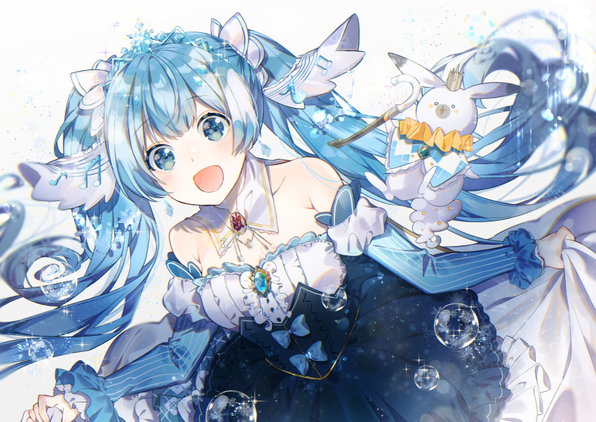 1girl :d absurdres bangs blue_eyes blue_hair blurry blush bubble cane commentary_request detached_collar detached_sleeves dress eyebrows_visible_through_hair glint hair_ornament hair_ribbon hatsune_miku highres huge_filesize juliet_sleeves long_hair long_sleeves looking_at_viewer omutatsu open_mouth puffy_sleeves rabbit ribbon sidelocks skirt_hold smile solo tareme tiara twintails underbust very_long_hair vocaloid white_dress white_ribbon yuki_miku yukine_(vocaloid)