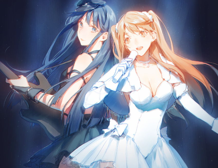 2girls :d black_hat black_skirt blue_eyes blue_hair bow breasts bridal_gauntlets brown_eyes brown_hair capelet cleavage collarbone dress elbow_gloves floating_hair fur-trimmed_capelet fur_trim gloves hair_ornament hat head_tilt holding holding_instrument holding_microphone instrument jewelry long_hair medium_breasts microphone multiple_girls music necklace ogiso_setsuna open_mouth pleated_dress short_dress singing skirt sleeveless sleeveless_dress smile sx_(shouhou02) touma_kazusa twintails very_long_hair white_album_2 white_bow white_capelet white_dress white_gloves
