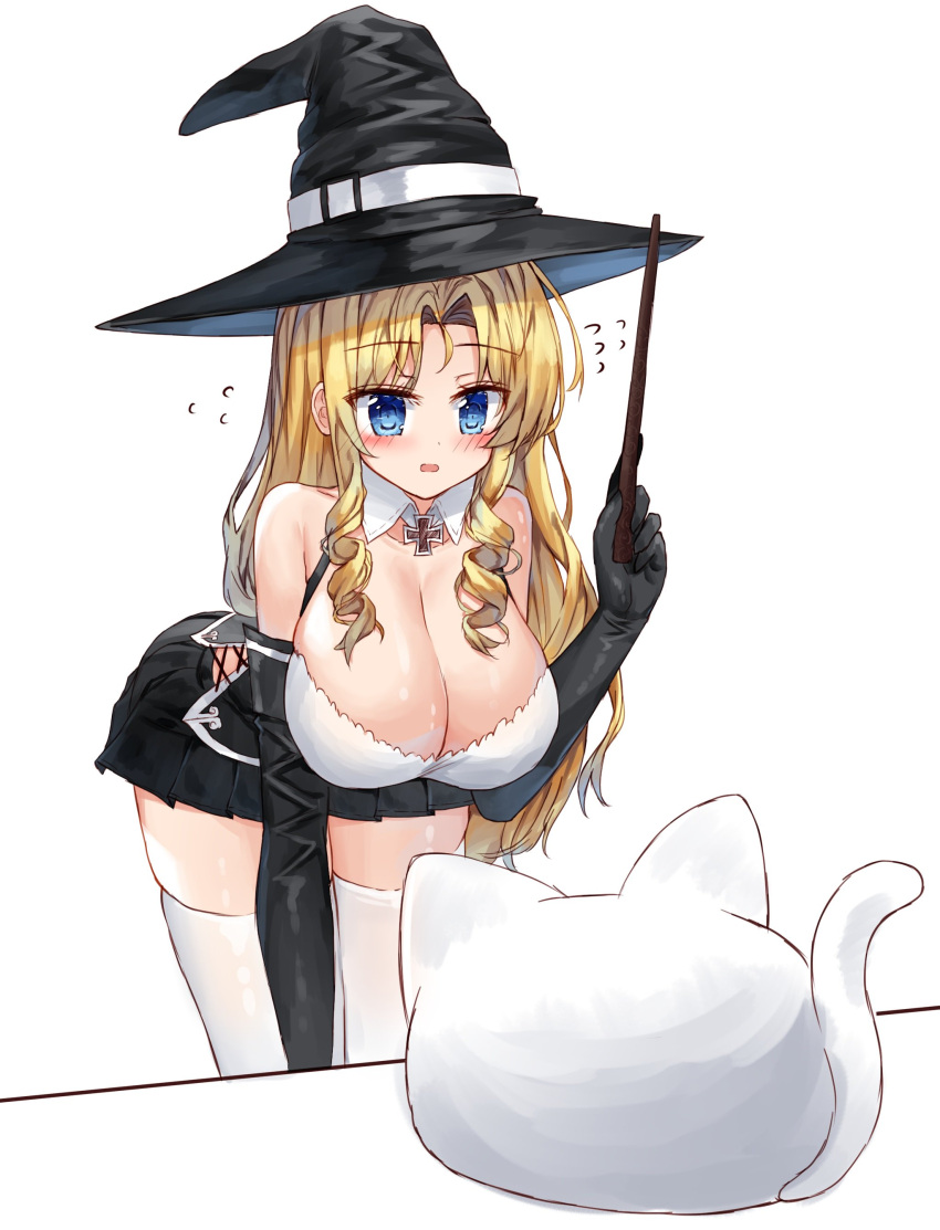 1girl absurdres animal arched_back bangs bare_shoulders black_gloves black_hat black_skirt blonde_hair blue_eyes blush breasts cat cleavage collar collarbone detached_collar elbow_gloves eyebrows_visible_through_hair flying_sweatdrops gloves hand_up hat highres holding holding_wand iron_cross large_breasts leaning_forward long_hair miniskirt original parted_bangs parted_lips pleated_skirt ringlets sidelocks skirt solo tandohark thigh-highs very_long_hair wand white_background white_collar white_legwear wing_collar witch_hat