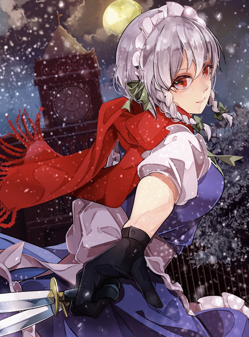 1girl akabare6 black_gloves blue_skirt bow braid clock clock_tower frilled_skirt frills from_side gloves green_bow green_ribbon hair_between_eyes hair_bow hair_ribbon highres holding holding_knife izayoi_sakuya knife leaning_forward looking_at_viewer maid_headdress moon outdoors red_eyes red_scarf ribbon scarf shirt short_sleeves silver_hair skirt snowing solo standing touhou tower twin_braids white_shirt