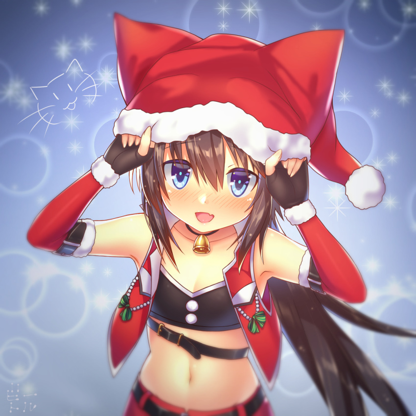 1girl :d adjusting_clothes adjusting_hat belt bettle_(b_s_a_n) black_gloves blue_background blue_eyes blush brown_hair cat elbow_gloves fingerless_gloves flat_chest gloves hair_between_eyes hat highres kanon_(sennen_sensou_aigis) long_hair looking_at_viewer navel neck_bell open_mouth red_vest santa_hat sennen_sensou_aigis simple_background smile solo standing very_long_hair vest